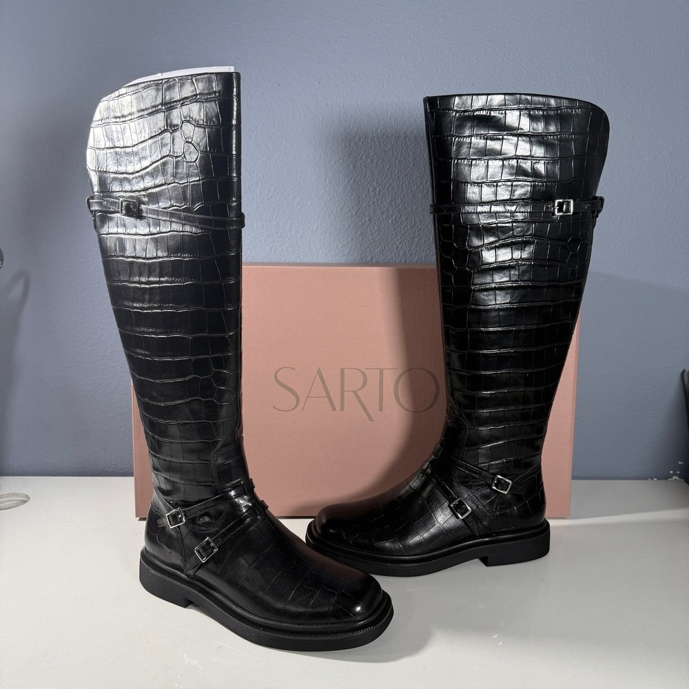 SARTO by Franco Sarto Ainsley Black Croc Embossed Leather Knee High Boots Size 8